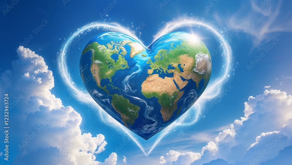 Naklejka premium Heart-shaped Earth floating in a bright blue sky
