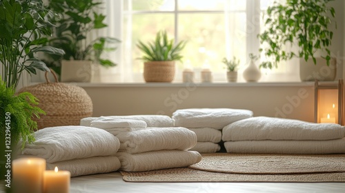 Relaxing spa nook with soft cushions and green plants in a serene natural set...