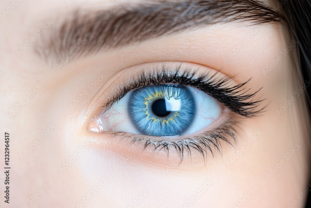 Obraz premium Detailed close-up of a womana??s radiant sky-blue eye, highlighting fine detailing and vibrant reflections within the iris, captured in