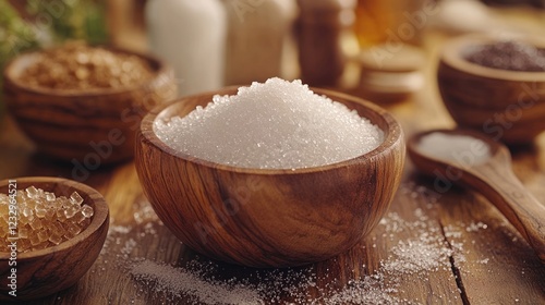 White sugar bowl, kitchen table, various sweeteners, baking