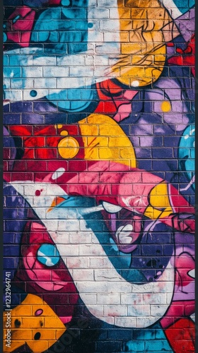 Colorful urban street art mural showcasing vibrant shapes and patterns in a c...