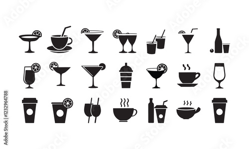 set of 21 glyph drinks web icons. filled icons such as opener,last word drink, pomegranate martini, mai thai, margarita ,water jug, wine toast, on the beach. vector illustration