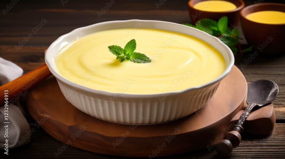 Creamy Vanilla Custard Pudding in Rustic Bowl on Yellow Background for Cookery and Cooking Creamy Vanilla Custard Pudding in Rustic Bowl on Yellow Background for Cookery and Cooking