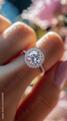 Ring with sparkling diamond held in hand against a blurred shimmering background