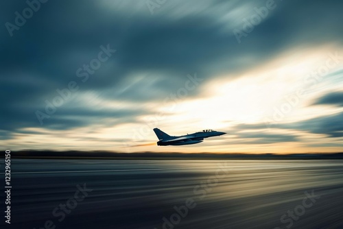 Fighter jet ready for takeoff at sunset on a runway