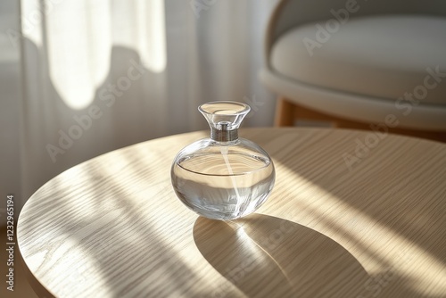 Elegant glass container reflecting light on wooden surface in serene setting