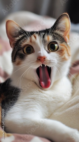 Cat yawning with wide open mouth lying on soft blanket in cozy indoor setting