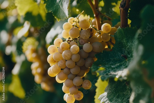 Sunlit vineyard with ripe grapes hanging on the vine during golden hour in a ...