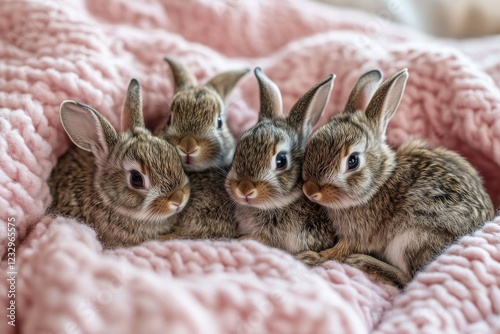 Group of adorable baby rabbits cuddling on a soft pink blanket in a cozy indo...
