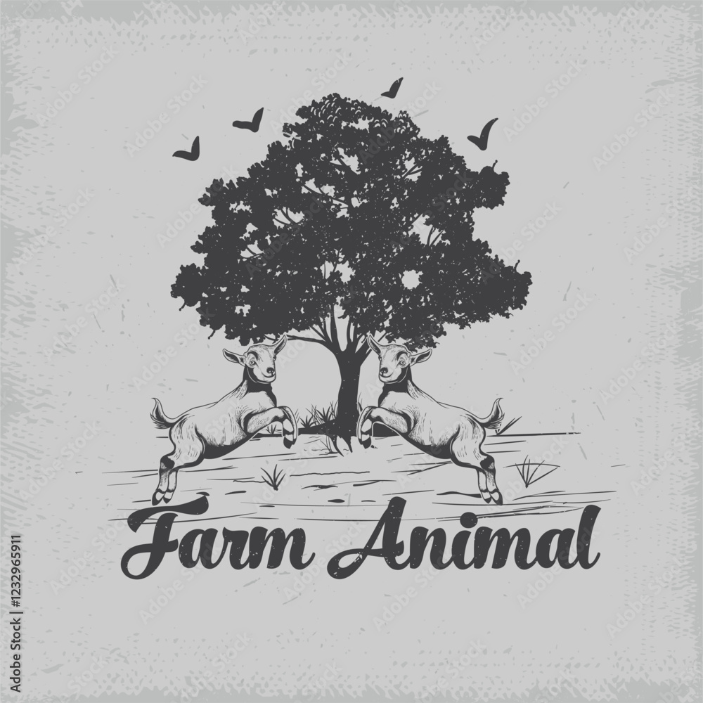 Fototapeta premium Art & Illustration Farm Animal Jumping Goat And Tree Hand Drawing Isolated Vector Image 