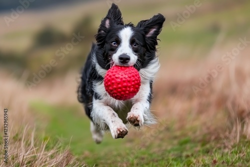 Energetic dog playing fetch with a bright orange ball in a grassy field durin...