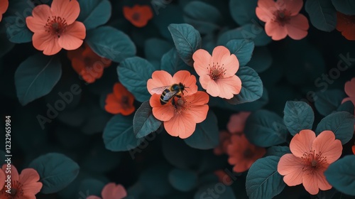 Busy bumblebee pollinating pink flowers in a vibrant garden during springtime...