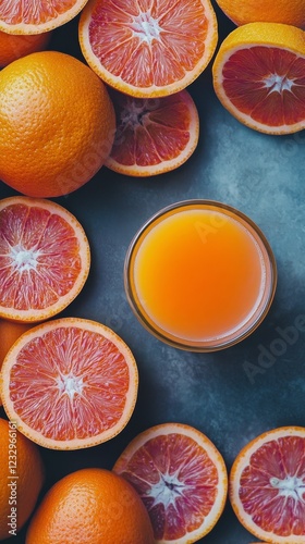 Freshly squeezed orange juice surrounded by vibrant orange slices on a yellow...