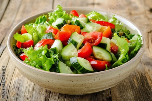 Fresh garden salad with vibrant vegetables in a rustic bowl on a wooden table