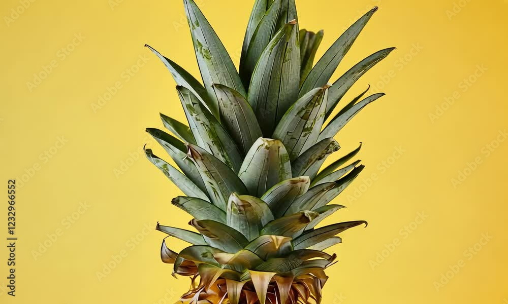 Fresh Pineapple Close Up Against Vibrant Yellow Background