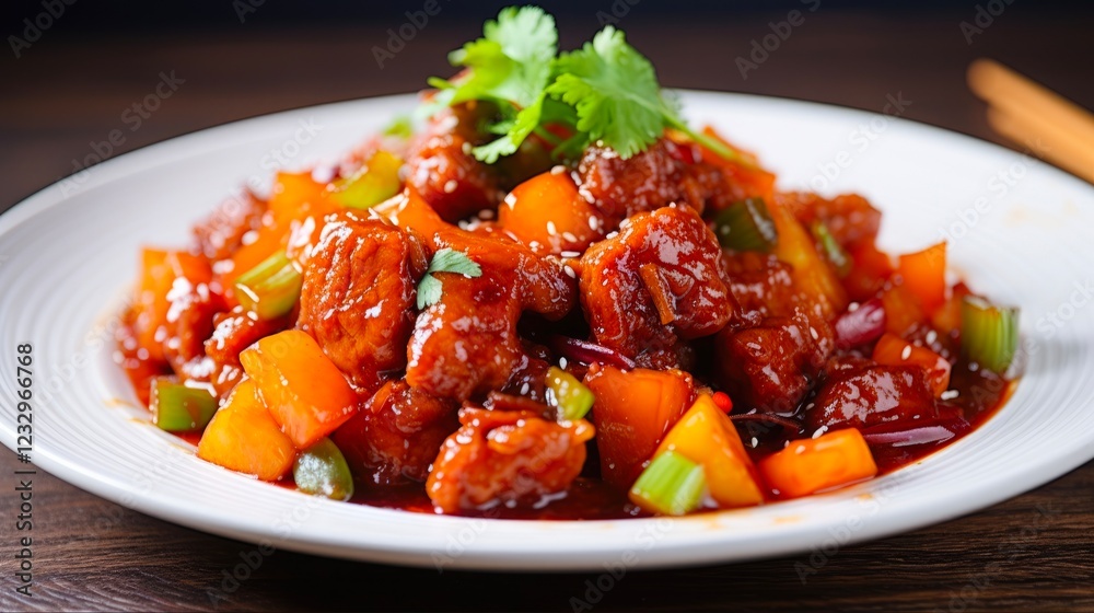 Deep and Delicious Sweet and Sour Pork on Rice. Colorful Chinese Asian Food Cookery Deep and Delicious Sweet and Sour Pork on Rice. Colorful Chinese Asian Food Cookery