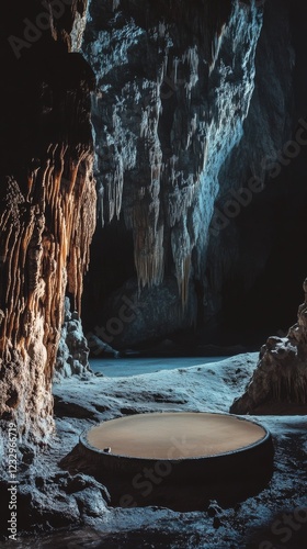 Unique underground cave with a circular platform and stunning stalactite form...