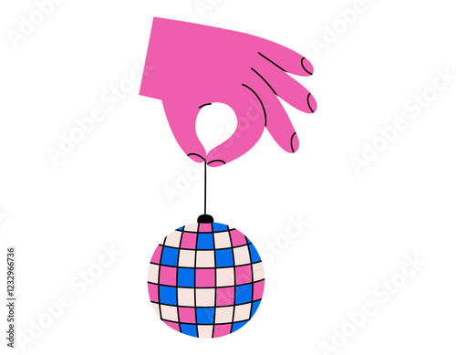 Hand drawn cute cartoon illustration hand holding disco ball. Flat vector club mirror sphere in arm sticker doodle. Nightlife festival. Retro music party concept icon. Celebration event. Isolated.