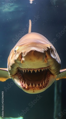 Shark showcasing fierce teeth while swimming in aquarium tank during daylight...