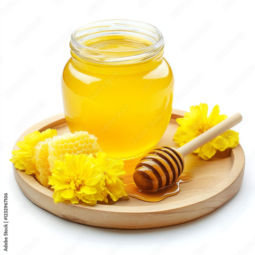 Jar of honey is sitting on a wooden tray with a wooden spoon Jar of honey is sitting on a wooden tray with a wooden spoon