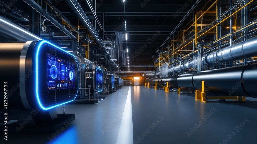 High-Tech Industrial Factory Interior with Advanced Control Panels and Complex Machinery Features for Modern Manufacturing and Production Environments High-Tech Industrial Factory Interior with Advanced Control Panels and Complex Machinery Features for Modern Manufacturing and Production Environments