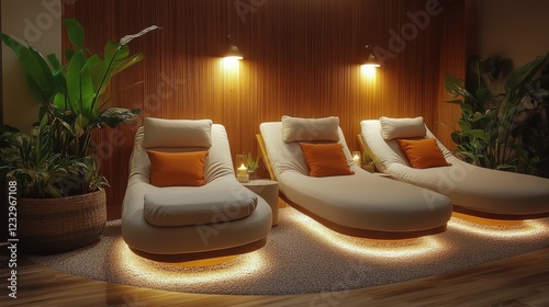 Modern relaxation lounge with comfortable seating and ambient lighting in lux...