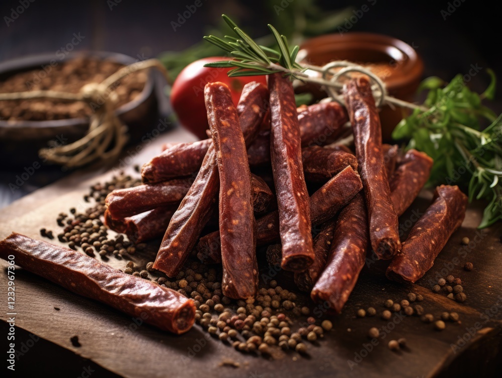 Delicious Beef Sticks on Rustic Paper Background. Selective Focus Closeup of Polish Sausages, Perfect Snack or Meal on Table with Pepper Seasoning Delicious Beef Sticks on Rustic Paper Background. Selective Focus Closeup of Polish Sausages, Perfect Snack or Meal on Table with Pepper Seasoning
