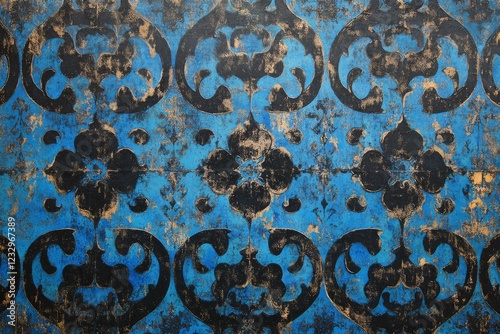 Intricate blue and black patterned wall design with vintage texture and wear