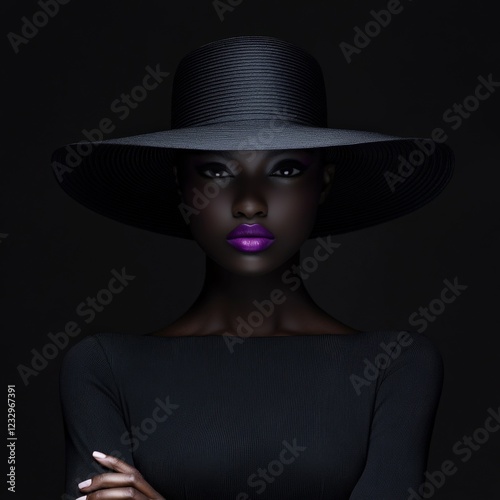 Wallpaper Mural stylish dark-skinned fashion model with purple lipstick and wide-brimmed hat Torontodigital.ca