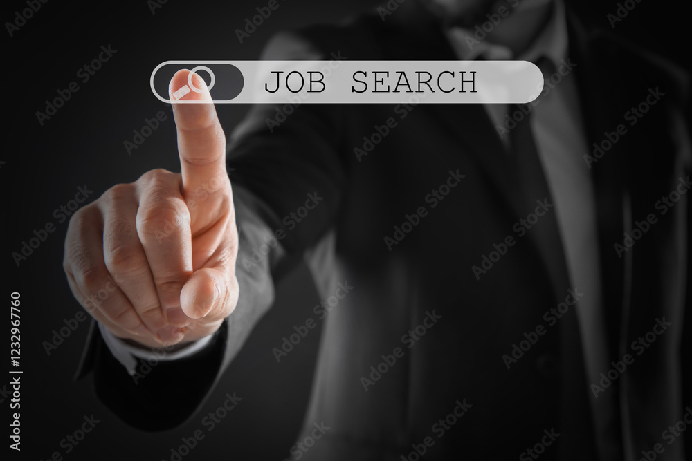 Job search. Businessman touching virtual search bar on black background, closeup Job search. Businessman touching virtual search bar on black background, closeup