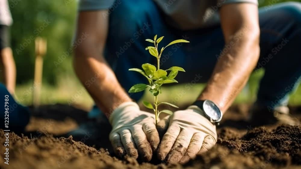 Person planting trees or working in community garden promoting local food production and habitat restoration, concept of Sustainability and Community Engagement