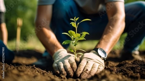 Person planting trees or working in community garden promoting local food production and habitat restoration, concept of Sustainability and Community Engagement