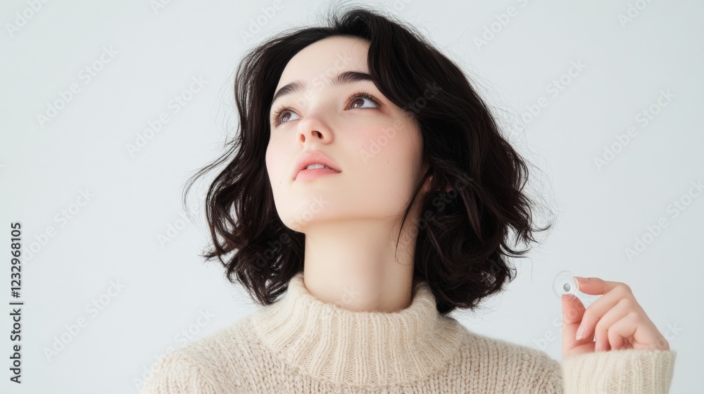 young woman with curly hair looking up and holding a small object young woman with curly hair looking up and holding a small object