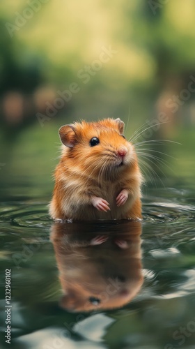 Cute small golden hamster standing on a reflective surface with soft blurred ...