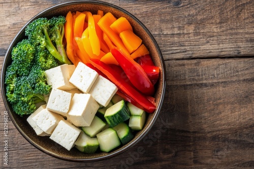 Colorful vegetable bowl with tofu on wooden table during lunchtime for health...