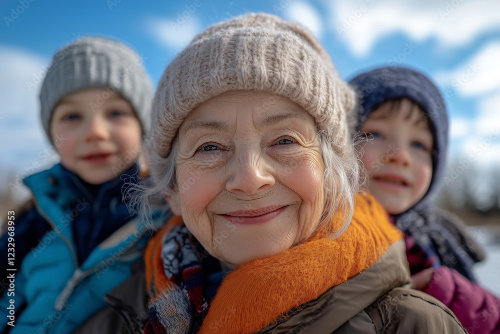 Grandmother and grandchildren share joyful moments under a blue sky Grandmother and grandchildren share joyful moments under a blue sky