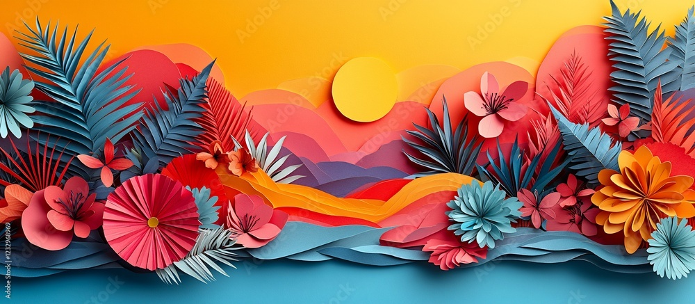 Naklejka premium Vibrant paper cut-out landscape with flowers, sunset, and tropical foliage in a serene setting