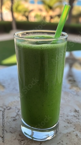 Refreshing green smoothie with kale and spinach garnished with fresh leaves