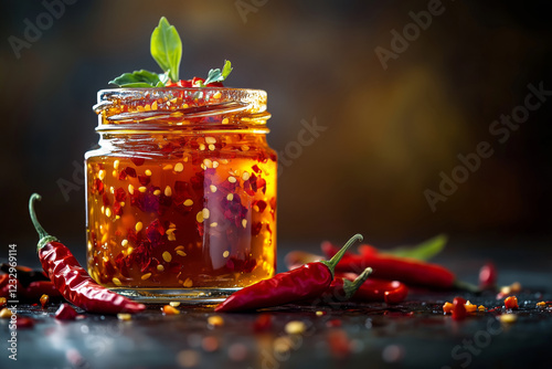 Delicious hot honey infused with spicy red chili peppers in a glass jar