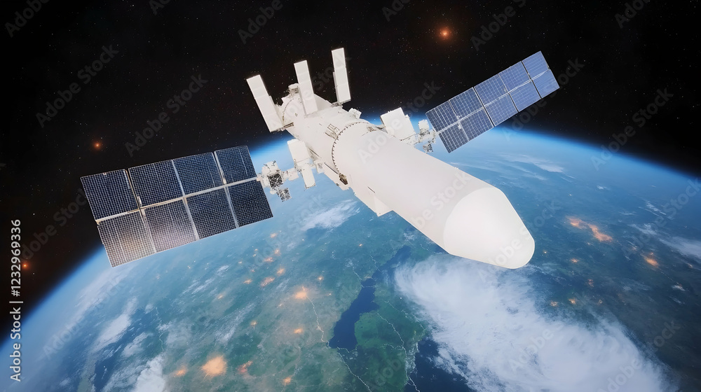 Obraz premium Satellite orbiting Earth, showing solar panels and Earth's curvature.