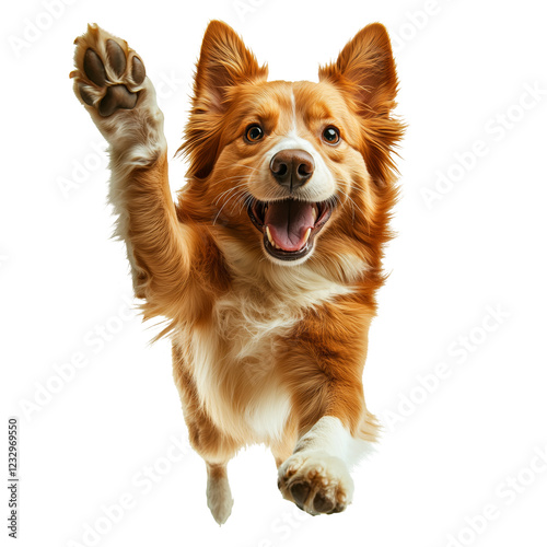An energetic and joyful Border Collie jumping with one paw raised, showcasing its playful and friendly nature on a transparent background. The dog's fur is a vibrant mix of reddish-brown and white photo