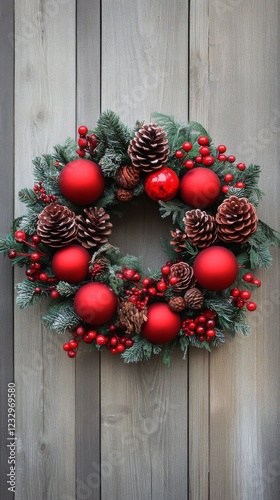 Beautiful holiday wreath adorned with red ornaments and pinecones on wooden b...