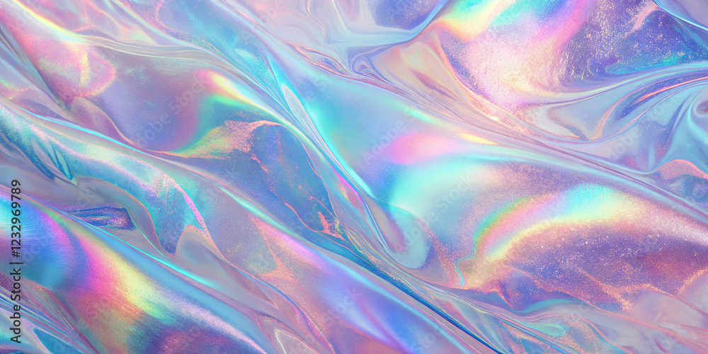 Obraz premium Iridescent fabric shimmers in various colors under soft lighting. The smooth texture creates an eye-catching display, showcasing its vibrant hues and captivating patterns