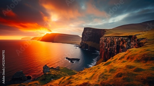 Drangarnier Rock Formations and Tindholmur Island at Sunset on Vagar, Faroe Islands - Majestic Coastline of the North Atlantic photo