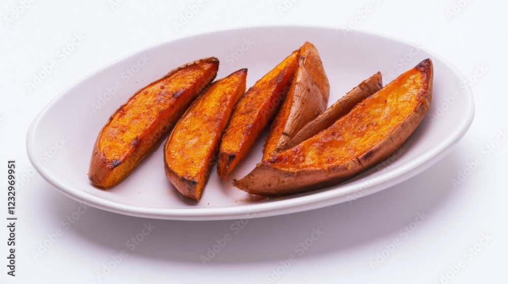 A simple serving of roasted sweet potato wedges, lightly seasoned and arranged on a plain white ceramic plate, Sweet potato wedges centered A simple serving of roasted sweet potato wedges, lightly seasoned and arranged on a plain white ceramic plate, Sweet potato wedges centered