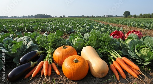 Fresh Farm Vegetables Pumpkins Carrots Eggplants photo