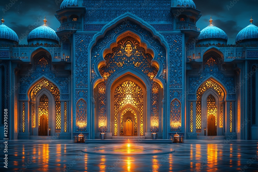 Obraz premium Glowing Ornate Palace Archways at Dusk with Blue Domes and Golden Light