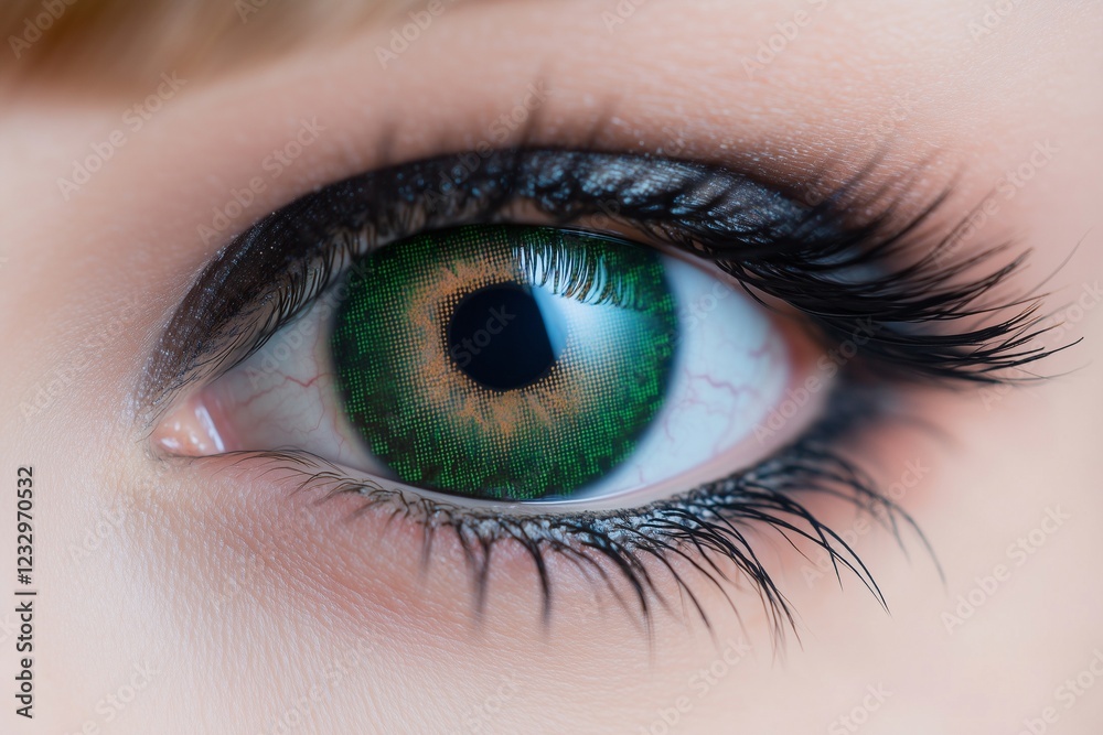 Obraz premium Detailed close-up of a womana??s bright emerald eye, with sharp contrasts and fine gradients in the iris, captured in ultra HD