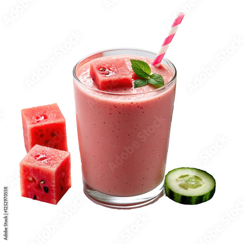 Watermelon Smoothie with Cucumber and Mint Garnish isolated transparent background cutout