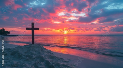 Beautiful sunset over the ocean with a cross on the beach during twilight